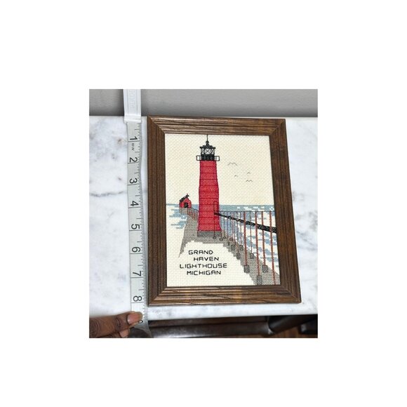 Vintage Grand Haven Lighthouse Michigan Framed Cross-Stitch Wall Art, Hand Stitc - Picture 5 of 7